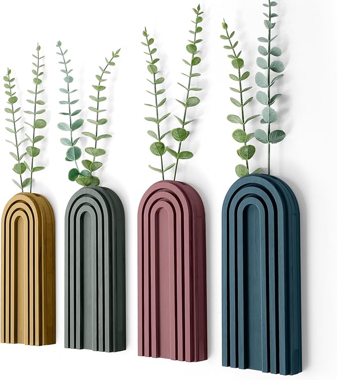 Ziliny 4 Pack Wood Wall Planter Indoor Wall Decor Plant Holders Boho Hanging Planter Vases for Modern Farmhouse Living Room Bedroom Rainbow Decor (Morandi Color)
