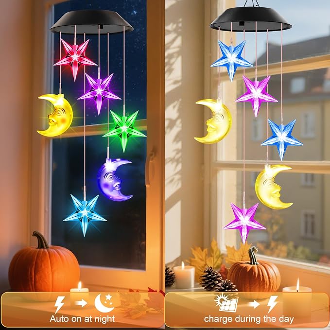 Birthday Gifts for Women Mom Grandma Her Wife, Winzwon Solar Lights Outdoor Wind Chimes for Outside Garden Yard Patio Porch Deck Hanging Decor, Moon and Star Gifts for Mothers Day