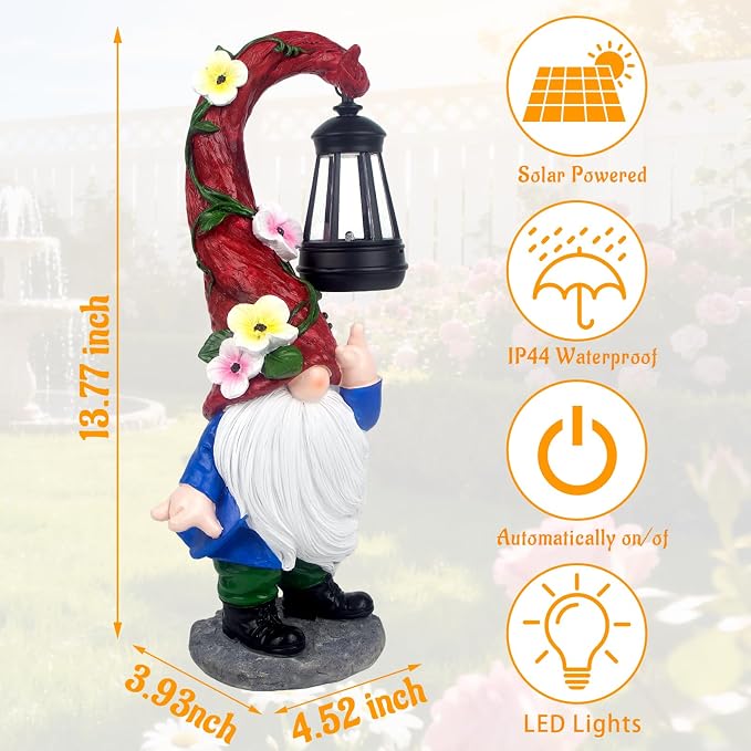 Garden Gnome Statue with Solar Lights 13.7" Garden Sculptures Gnomes Decorations Gnome Outdoor Patio Lawn Yard Balcony Birthday Gift for Mom Grandma(Right Light)
