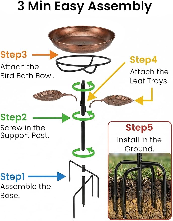 Metal Bird Bath for Outside - Stable Copper Birdbath with Thickened 5-Prong Base | Windproof Heavy Duty Bird Feeder for Garden, Removable Bowl, Rust-Resistant