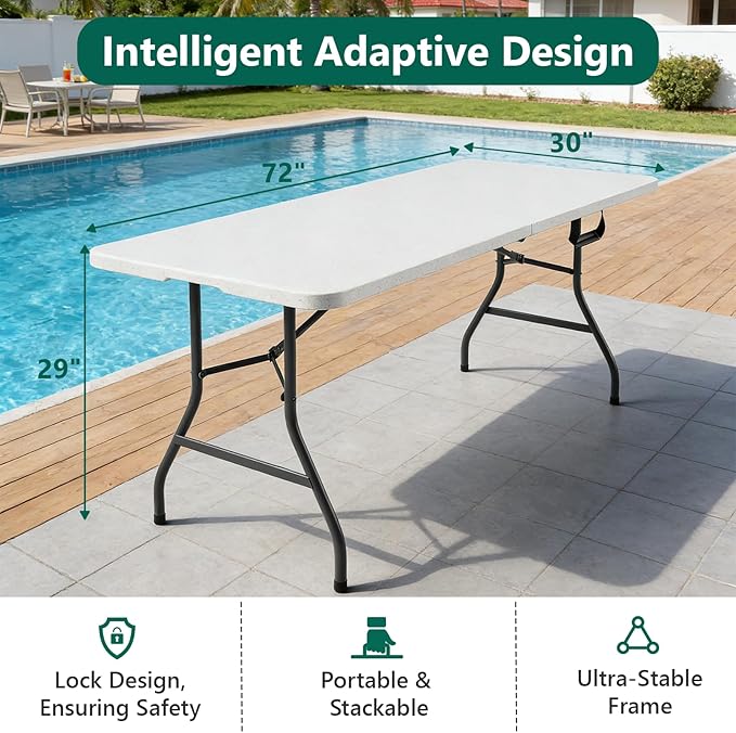 6FT Folding Table, Heavy Duty Plastic Table with Handel, 300 lbs Portable Table, Reinforced Steel Legs, Fold-in-Half Table Ideal for Parties, Picnics, Weddings, Camping White