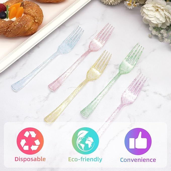 50 Pcs CLear Pastel Plastic Forks, Pastel Plastic Silverware, Heavy Duty Plastic Cutlery Set Disposable Utensils Sets for Brithday, Wedding, Tea Party, Garden Party