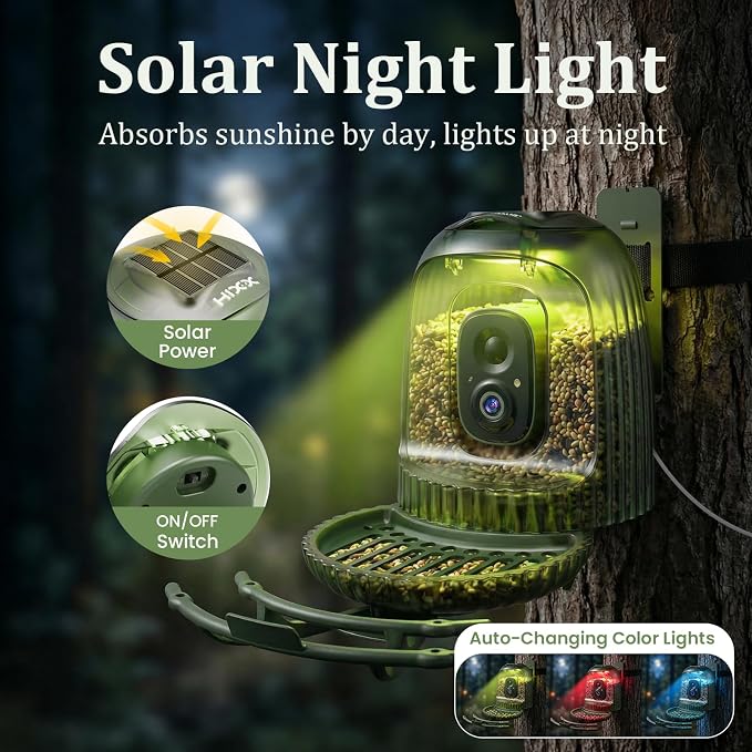 HIXX Smart Bird Feeder with Camera, Auto Capture 2.5K Video, AI Bird Identification, No Mess Seed Guard, Solar Powered Night Light, Live Birdwatching Camera for Dad, Grandpa, Birdlovers