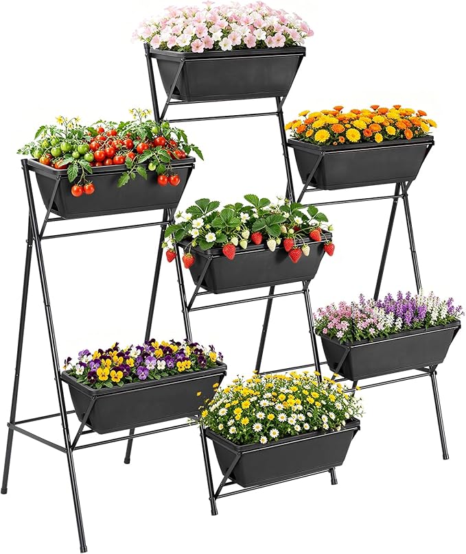 Sunexinlo 5-Tier Vertical Garden Planter with 7 Plant Boxes & Drainage Trays, Metal Freestanding Raised Bed for Herbs Flowers Vegetables, Indoor Outdoor for Patio Balcony Deck, Black