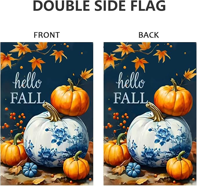 Hello Fall Garden Flag 12x18 Double Sided, Burlap Seasonal Thanksgiving Autumn Blue Pumpkin Garden Flags Fall Decorations for Home Outside Porch Garden Decor, Small Decorative Outdoor Yard Lawn Flags