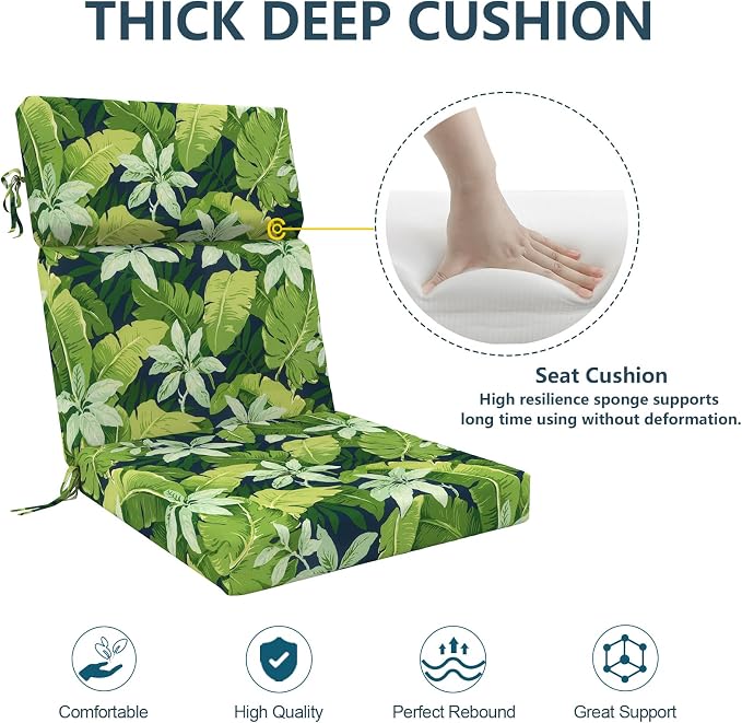DYTXIII Outdoor High Back Chair Cushions Set of 2, 44"x22" Water Repellent Patio Seat Cushions with Elastic Sponge, All Weather Chair Pads for Rocking, Dining Chairs, Patio Furniture - Jungle Leaves