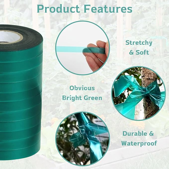 6 Rolls Stretch Tie Tape (147.6 Feet/Roll), Atarvana 0.5 Inch Garden Tie Tape (885.6 Feet in Total) Thick Plant Ribbon Stretchy Soft Vinyl Tape Garden Green Vinyl Stake for Indoor Outdoor Patio