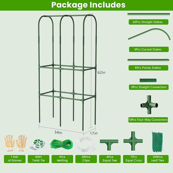 62in Tall Cucumber Trellis for Raised Bed, 34" L x 62" H Metal Garden Trellis for Climbing Plants Outdoor, U-Shape Vegetables Trellis Support for Squash Zucchini Peas Grape