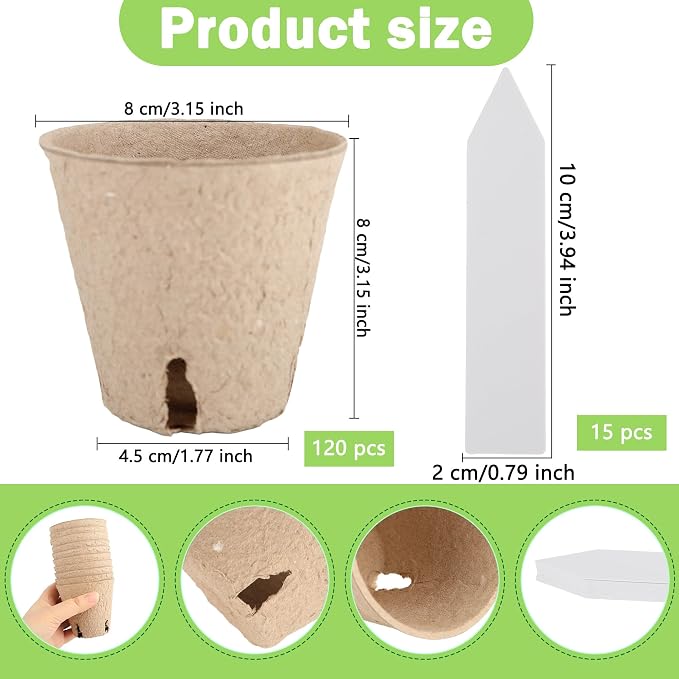 120 Packs 3.15 Inches Seed Starting Pots Biodegradable Drainage Holes Round Nursery Pot with 15 Planting Labels Small Seed Starter Tray Bulk Garden Germination Container for Herb Seed Starter
