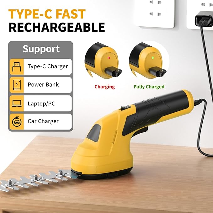 FULLYEA Cordless Grass Shear Hedge Trimmer, 2 in 1 Lightweight Electric Grass Trimmers, 2.0Ah Battery, Type-C Cable Included, Handheld Shrub Trimmer Grass Cutter for Garden(Yellow)