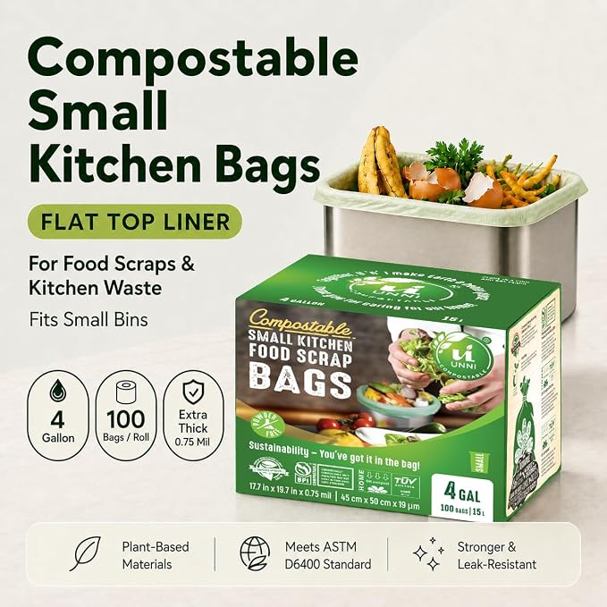 UNNI Compostable Trash Bags, 4 Gallon / 15 Liter, 100 Count, Extra Thick 0.75 mil Small Kitchen Food Scrap Bin Liners, Certified by BPI, CMA & OK compost HOME, Meets the ASTM D6400 Standard