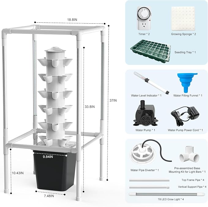 JESLED Hydroponic Tower with 5000K Full-Spectrum Grow Lights, 30 Pods Vertical 6 Tiers Hydroponic Tower, Hydroponics Growing System for Indoor Herbs, Fruits and Vegetables, High 37"
