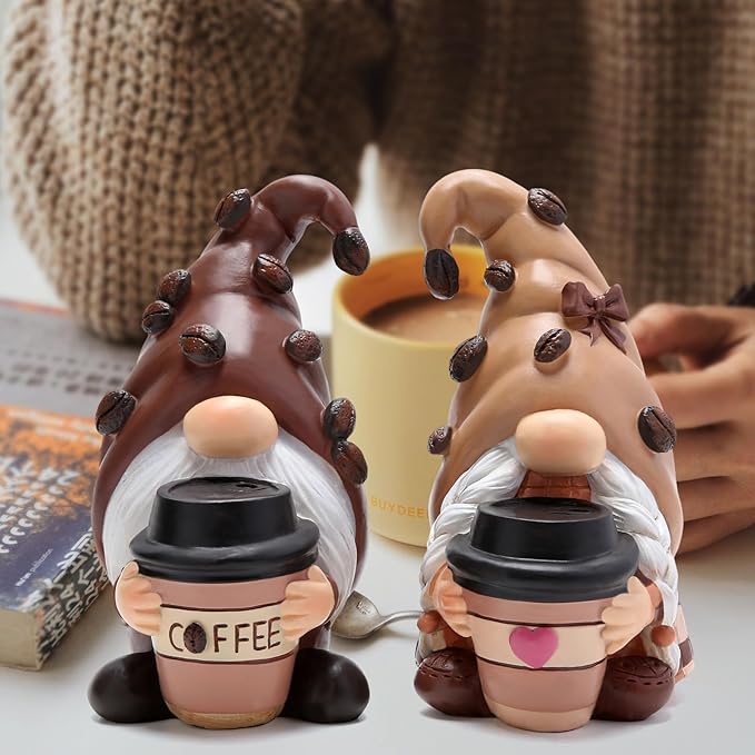 Hodao Coffee Gnome Figurines - Hand-Painted Resin Indoor Decor, Set of 2 Cute Cafe Bar Decorations, Perfect Shelves, Tiered Trays Ornaments, Ideal Gift for Coffee Lovers and Housewarming