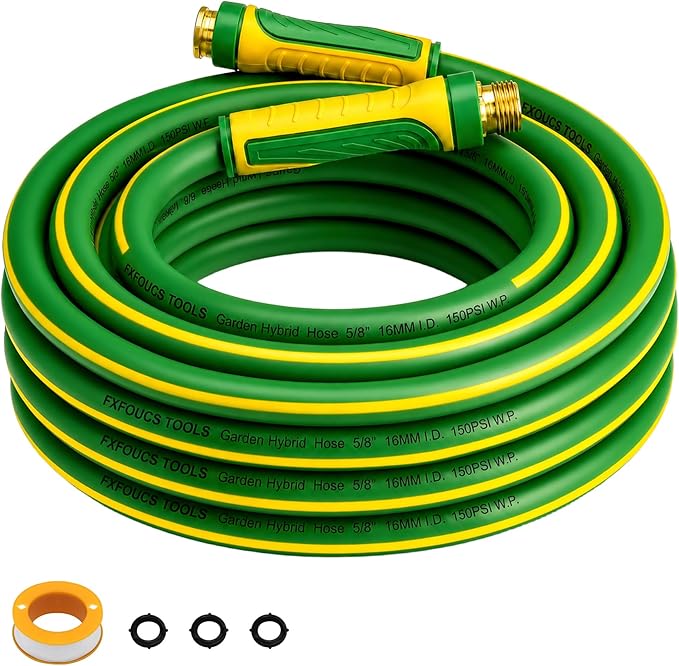 PremiumPro 50FT 5/8" Heavy Duty Reinforced Garden Hose, Large Flow,600 PSI Burst Pressure, Four Layer Hybrid Polymer Anti Kink with 360 Swivel Brass Connectors and handle for yard,washing & irrigation