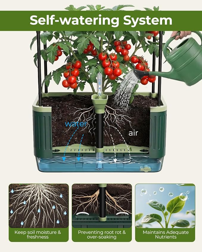 Raised Garden Bed Planter Box with Trellis, Self Watering Tomato Planters for Climbing Plants, Tomato Cage Trellis for Vegetables & Vine Flowers Indoor Outdoor Patio (Dark Green, 51.2In(2PCS))
