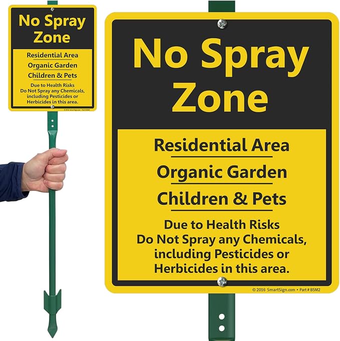SmartSign 12" x 10" 'No Spray Zone Residential Area, Organic Garden, Children And Pets' LawnBoss Yard Sign with 3 ft Stake, 40 mil Laminated Aluminum, Black/Yellow, Set of 1