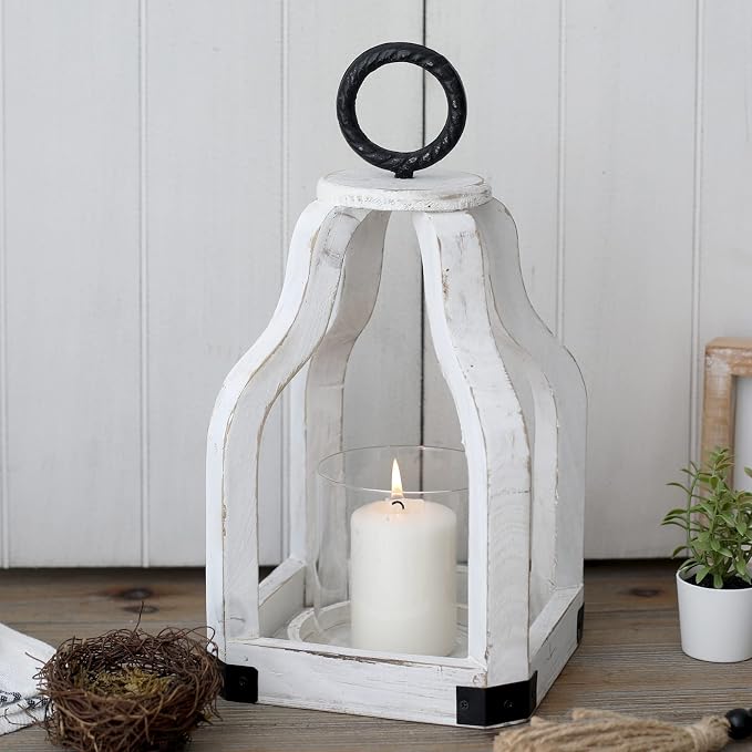 SwallowLiving 13" Rustic Farmhouse Wood Candle Hurricane Lantern with Glass Candlestick Holder for Patio, Table Centerpiece, White