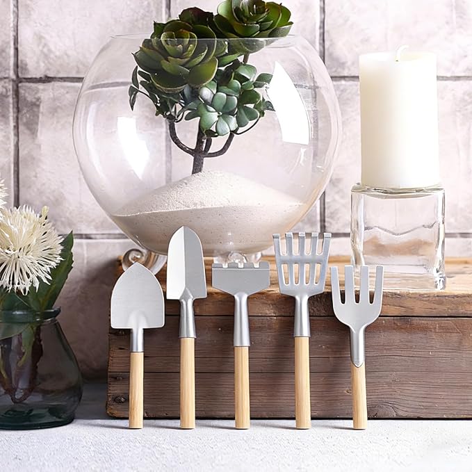10-Pack Miniature Garden Tool Set, 3-Inch Mini Shovel Fairy Garden Accessories, Rustic Metal & Wood Tiny Tools for Dollhouse, Terrarium, Planter Decor, Zen Set