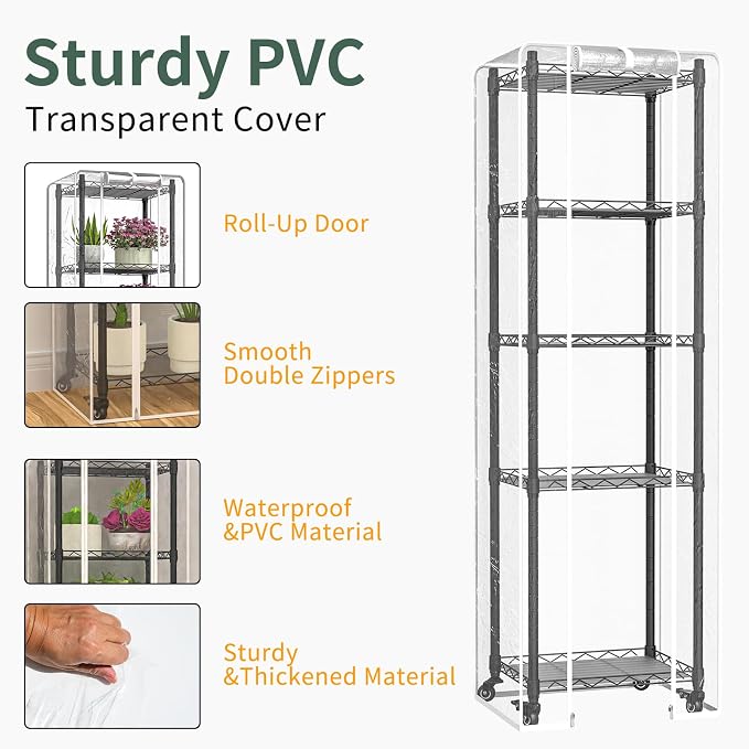 Mini 5-Tier Greenhouse for Indoor ,15.7" L×11.8" W×62.3" H | Portable Greenhouse with Wheels，Clear PVC Cover and Metal Shelf，for Growing Flowers and Seedlings