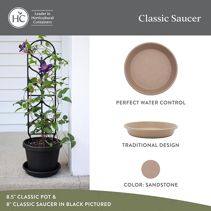 The HC Companies 8 Inch Classic Round Plant Saucer, Lightweight UV-Resistant Plastic Outdoor & Indoor Flower Pot Tray, 4-Pack Plant Pot Trays for Garden & Home Decor, Sandstone