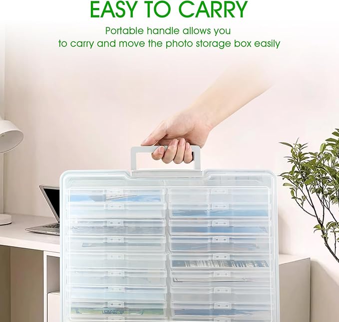 Photo Storage Box 5 x 7 Inches, 18 Inner Extra Large Photo Boxes with Dividers, Clear Acid-Free Photo Storage Containers with Handle, Photo Organizer Craft Keeper for Photo, Craft, Stamp