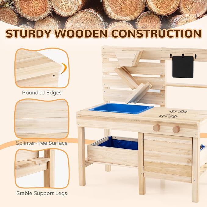 Costzon Mud Kitchen for Kids, Outdoor Play Kitchen w/Detachable Sandbox, Stoves, Sink, Chalkboard, Sand Funnel & Storage Shelf, Wooden Mud Table, Backyard Garden Toy Gift for Boys Girls Aged 3-8