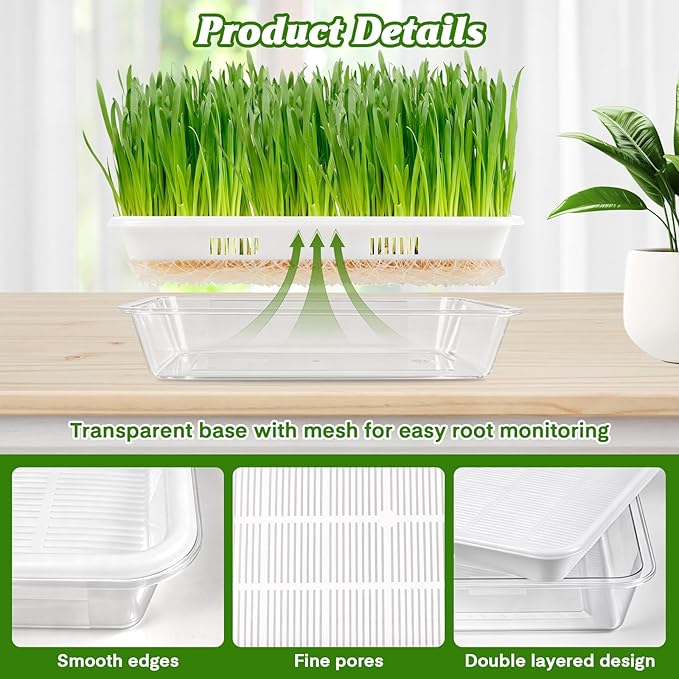 3 Pack Microgreens Growing Trays with Drain Holes, Acrylic Germination Trays with Silicone Mats and Spray Bottle, BPA Free Soil-Free Sprouting Kit for Indoor Outdoor Seed Sprouting, Wheatgrass & Beans