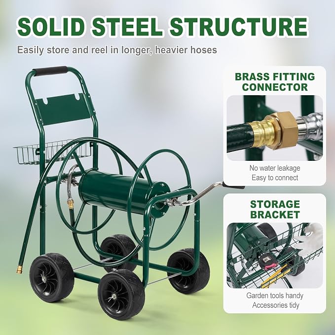 Outvita Garden Hose Reel Cart, Heavy Duty Water Hose Cart for Outside, Lawn Watering, for Garden, Yard, Lawn, Farm, Hold Up to 300 ft of 5/8’’ Hose, 4 Wheels, Storage Basket (Green)