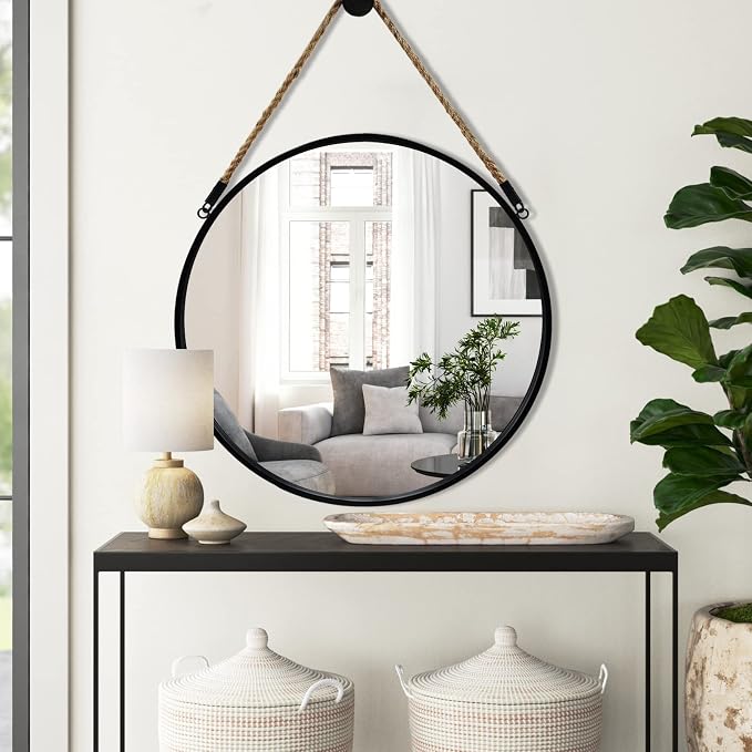 POZINO Round Mirror with Rope, 24 Inch Circle Hanging Wall Mirrors, Black Frame Farmhouse Decorative Mirror for Entryway, Living Room, Fireplace, Bedroom, Bathroom