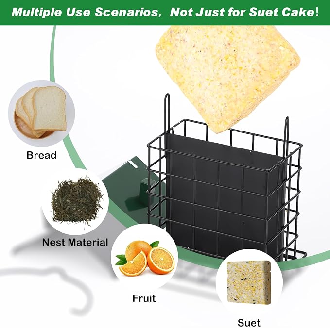 Gbekery All-Metal Double Suet Bird Feeder for Outdoors Hanging, Suet Cake Cage Holder with Weather-Resistant Roof & Perch for Outside Garden, Green
