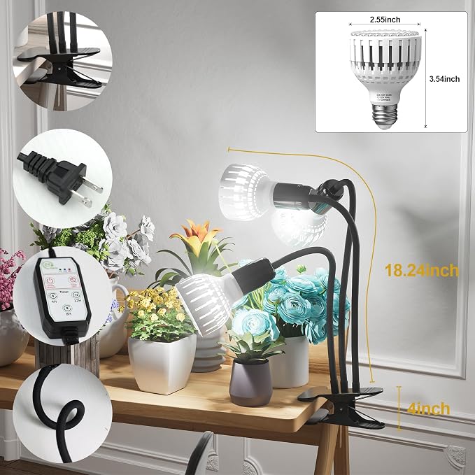 GooingTop Grow Light,24W (160Watts Equiv) 5000K White Full Spectrum LED Growing Lamp Clip on Desk for Indoor Plants,Bulbs Replaceable & Non-dimmable (Black, 240W)