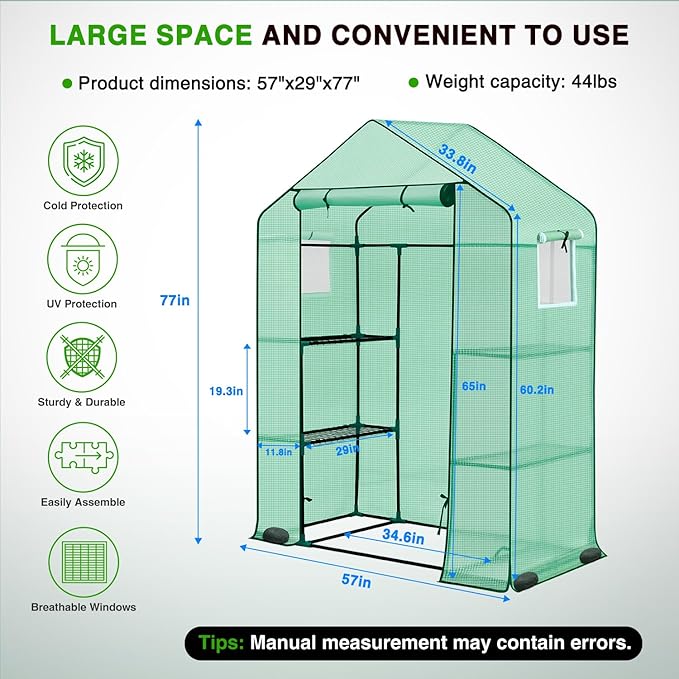 Yesker Greenhouse 57"x29"x77" Walk in Green House - Large Outdoor/Indoor Greenhouses with 4 Shelves Waterproof PE Cover & Windows, Portable Greenhouse Kit for Winter Backyard Gardening Patio, Green