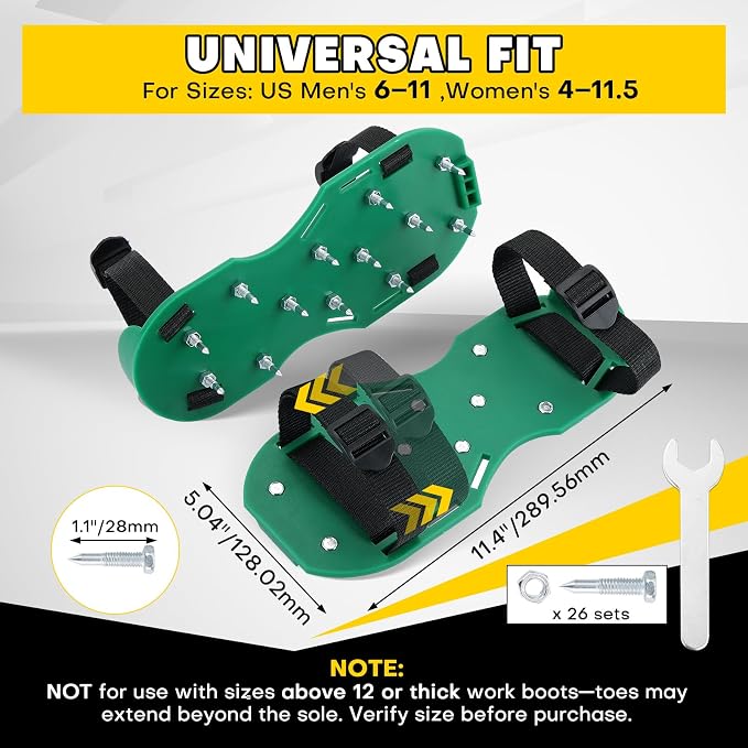 Lawn Aerator Shoes with 1.1''Spikes | Aerating Sandals with Adjustable Hook & Loop Straps, Spike Shoes for Epoxy Flooring, One-Size-Fits-All Yard Garden Grass Soil Aeration Tool (Green)
