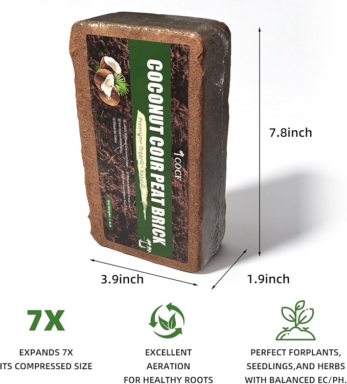 Coco Coir Brick - Low EC & pH Balanced, Compressed Organic Coconut Fiber Potting Mix for Indoor Outdoor Plants, Seed Starting, Hydroponics & Reptile Bedding（1.4lb）