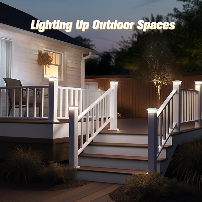 JOFIOS Solar Fence Post Lights 6pack, Cap Lights for 4x4/5x5 Vinyl Fence and 4x4/6x6 Wooden Post, Warm White/Cool White Lighting, White Solar Cap Outdoor Waterproof Decorate Garden Pathway Deck Patio