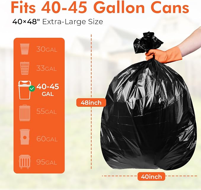 Delxo 40-45 Gallon Trash Bags, 125 Count, 40×48'' Large Black Garbage Bags – Light-to-Medium Duty Star-Seal Can Liners for Home, Kitchen, Yard & Office – Bulk Value Pack, Made in USA