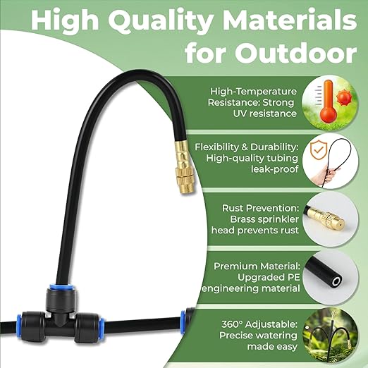 33FT Drip Irrigation System for Garden: 10 Nozzles 1/4" PE Tubing Automatic Watering Kit Adjustable Misting Sprinkler Mister Hose for Water Plants Tape Raised Beds Lawn Outdoor Yard Greenhouse