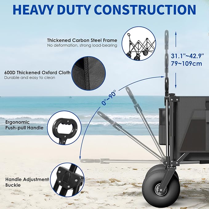 Beach Wagon with Big Wheels for Sand - 450lbs Load Heavy Duty Wagons Carts Foldable with 9" All Terrain Inflatable Tires, Collapsible Beach Cart for Grocery Shopping Garden Sports Camping Outdoor