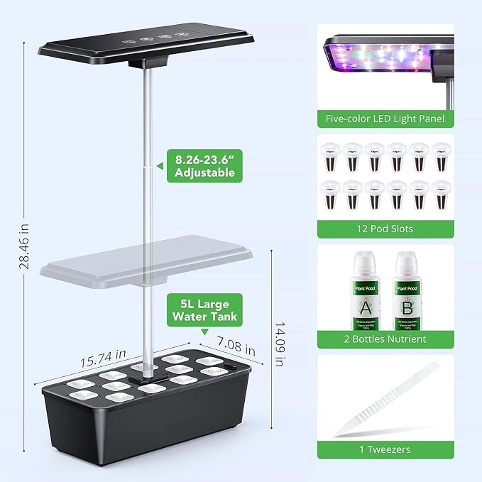 12 Pods Hydroponics Growing System, Indoor Garden with 36W Full Spectrum LED Grow Light in 5 Colors, Height Adjustable Up to 23", Automatic Timer Gardening Gifts for Women Christmas
