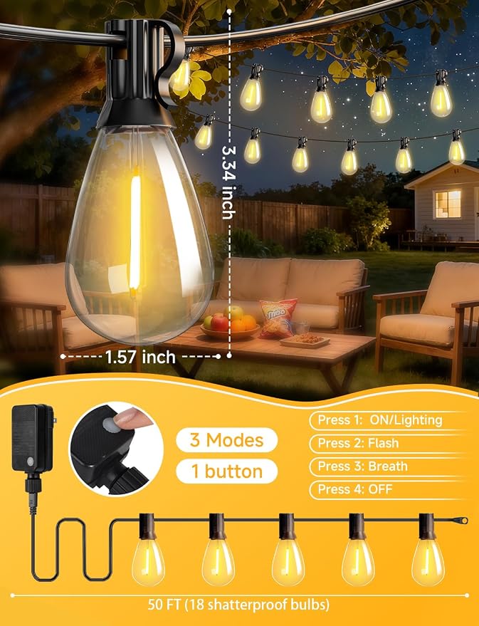 50FT Outdoor String Lights with Remote, LED Patio Lights with 18+1 Waterproof S11 Bulbs, Outside Dimmable 2700K Warm White, Timer & 3 Modes,for Backyard Garden Deck Porch Balcony Gazebo Party Decor