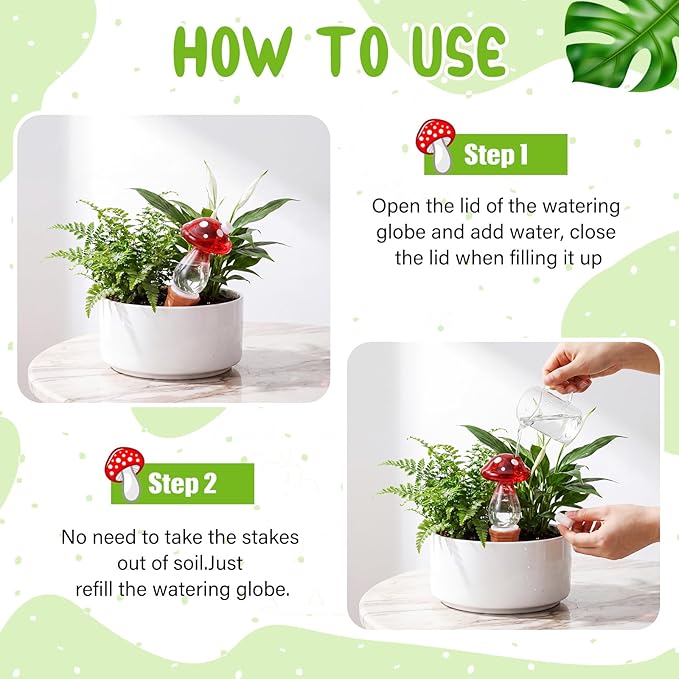 Teenyyou 3 Set Glass Self Watering Globes with Terracotta Self Watering Spike 12 oz Large Glass Waterer Bulbs Automatic Water Planter Insert Plant Water Device for Indoor Outdoor Plant(Red,Mushroom)