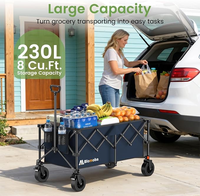 Collapsible Wagon Cart, 330LBS Heavy Duty Folding Cart with Wheels 360° Rotation, Built-in Brakes, Flexible Handle, Portable Utility Wagon for Grocery Sports Garden Shopping Camping, Blue
