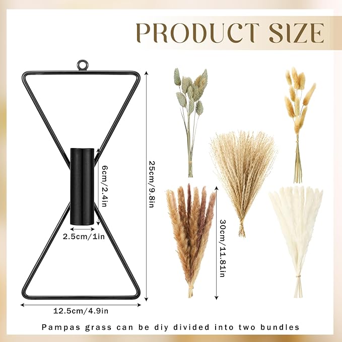 Peryiter 2 Pcs Boho Black Wall Decor Metal Wall Art x Shaped Hanging Planters with Artificial Pampas Modern Home Bedroom Decor for Bathroom Living Room Dining Room