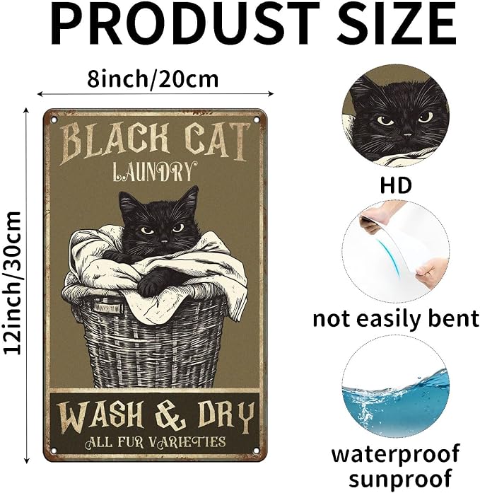 Vintage Cat Tin Signs Black Cat Launday Wash & Dry All Fur Varieties Metal Sign Wall Decor for Bathroom Toilet Home Cafe Bar 12×8 Inch