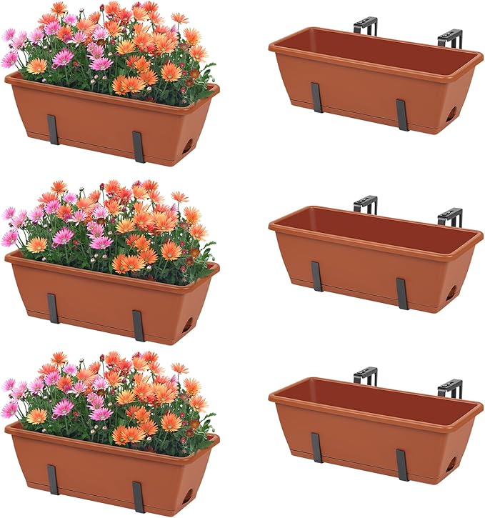 6 Pack Railing Planter Boxes Outdoor Window Boxes Planter with Drainage Holes, Plastic Garden Fence Planters with Metal Brackets for Deck, Balcony, Patio, Brick Red