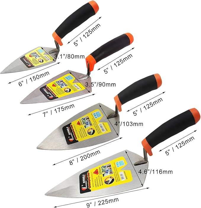 4-Pack Brick Trowel Set, 6" & 7" & 8" & 9" Pointing Trowel Set Gauging Trowel Set with Soft Grip,Masonry Hand Tool Margin Trowel for Brickwork, Blockwork, Stonework, Masonry ﻿ (Pointed End)