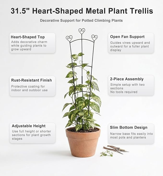 31.5 Inch Trellis for Potted Plants, Metal Plant Trellis for Climbing Plants, Plant Support for Ivy, Monstera, Hoya, Indoor & Outdoor Houseplant Trellis, Black, 1 Pack