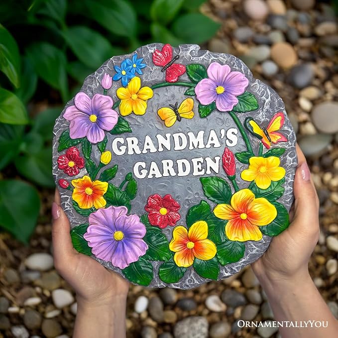 OrnamentallyYou Elegant Resin Stepping Stone, Outdoor Garden Pathway Decoration (Grandma’s Garden Floral Stepping Stone, 9.5" Decorative Outdoor Decoration)