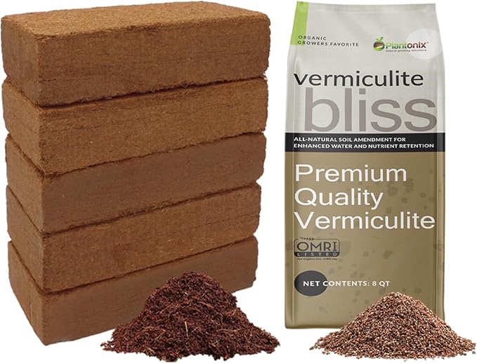 Coco Bliss 650gm Bricks (5-Pack) + Vermiculite Bliss (8 Qts) - Organic Coco Coir for Plants & Vermiculite for Gardening - Cocopeat Coconut Soil - Coconut Coir for Plants - Garden Soil Potting Mix