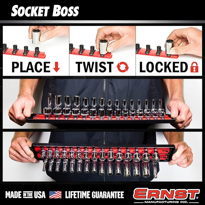 Ernst Manufacturing 8498HV 13-Inch Socket Boss, Premium 3-Rail Multi-Drive Socket Organizer, High Visibility - Made in USA